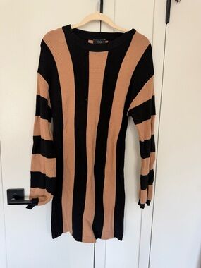 Vici Black and Tan Vertical Stripe Ribbed Sweater Dress